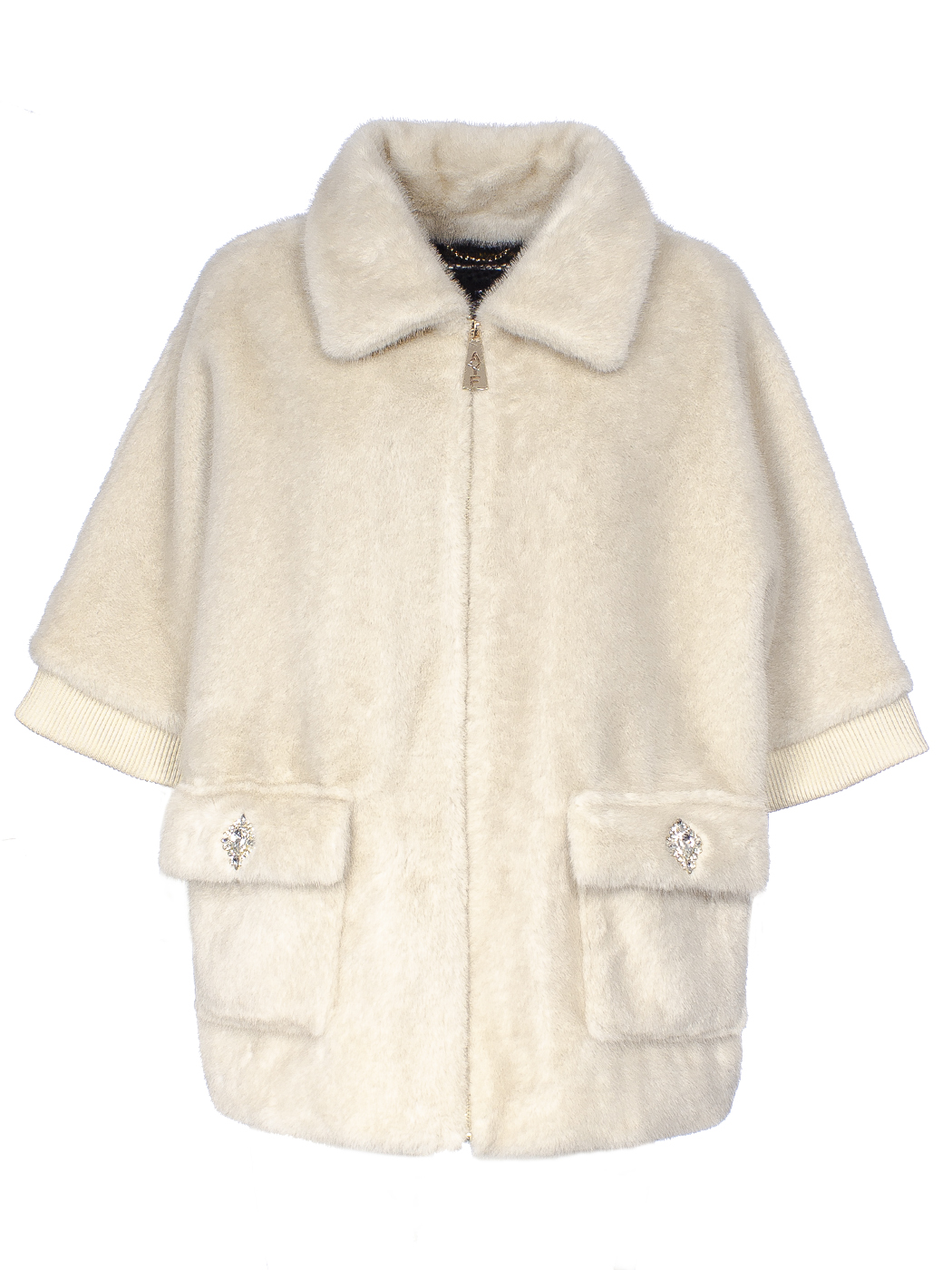 MANTELLA FAUX FUR FAKE MINK DETTAGLIO GIOIELLO E MANICA MAGLIA,2 TG,100%PL,M PRCDE IN PRC      - BEIGE